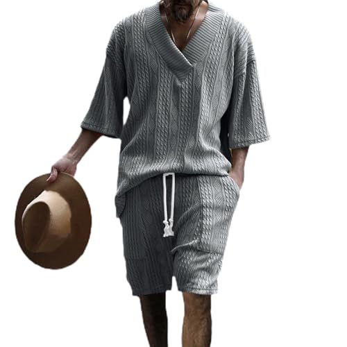 LIUPONHU Athleisure Cable Jacquard Set, Men's V-Neck 3/4 Sleeve Tops and Drawstring Jogging Suits 2 Piece Set von LIUPONHU