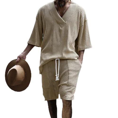 LIUPONHU Athleisure Cable Jacquard Set, Men's V-Neck 3/4 Sleeve Tops and Drawstring Jogging Suits 2 Piece Set von LIUPONHU