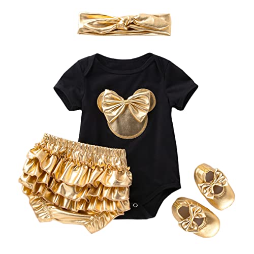 LIUPUUDLY Baby Mädchen Strampler Shorts Neugeborenes Outfits Sommer Einteiler Jumpsuit Shorts + Stirnband+Schuh für Baby 0-24 Monate (Schwarz, 12-24 Monate) von LIUPUUDLY