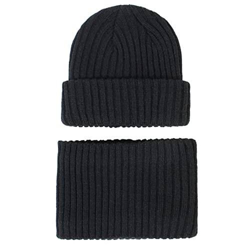 LIUPUUDLY Kinder Beanie Mütze und Loop Schal Set Warme Wintermütze Schlauchschal Strickmütze für Baby Jungen Mädchen (Schwarz, 2-8 Jahre) von LIUPUUDLY