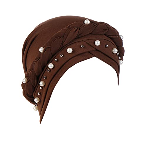 LIUPUUDLY Turban Damen Chemo Mode Kopftuch Kopfbedeckung mit Perle Beanie Mütze Haarausfall Hut Schlafmütze (Kaffee) von LIUPUUDLY