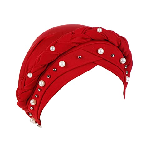 LIUPUUDLY Turban Damen Chemo Mode Kopftuch Kopfbedeckung mit Perle Beanie Mütze Haarausfall Hut Schlafmütze (Rot) von LIUPUUDLY