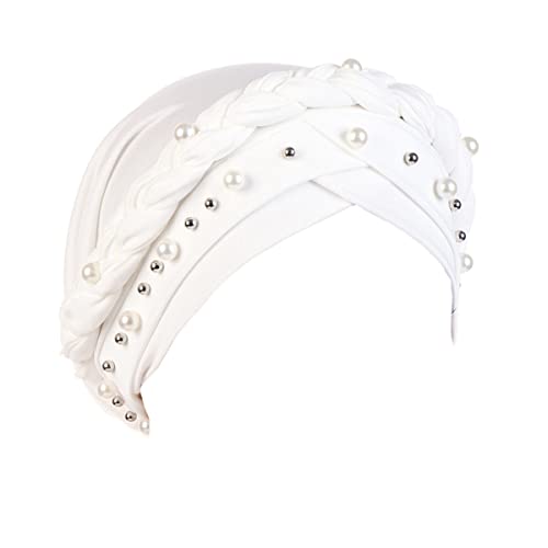 LIUPUUDLY Turban Damen Chemo Mode Kopftuch Kopfbedeckung mit Perle Beanie Mütze Haarausfall Hut Schlafmütze (Weiß) von LIUPUUDLY