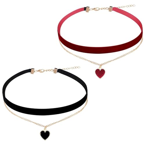2 Stück Choker Kette Damen, Joker Kette, Punk Gothic Verstellbare Herz Choker Rot Schwarze, Klassischer Eleganter Schwarzes Rote Kette Choker Halskette für Teenager Mädchen Trachtenschmuck Damen von LIURFLNC