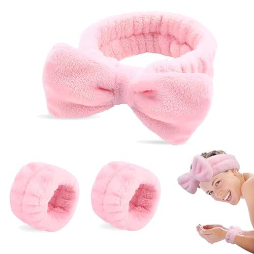 3 Stück Haarband Kosmetik, Spa Bowknot Stirnband Abschmink Haarband, Elastic Make Up Haarband mit 2 Armbänder, Breitkrempe Haarband Damen Kosmetik für Gesichtswaschen Dusche Sport von LIURFLNC