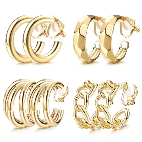 4 Paar Ohrclips Damen Ohne Ohrlöcher, Clip Ohrringe, Vergoldet Ohrringe Ohne Ohrloch, Gold Chunky Modeschmuck Geschenk Hypoallergen Clip Ohrclips Damen für Mehrere Ohrlöcher von LIURFLNC