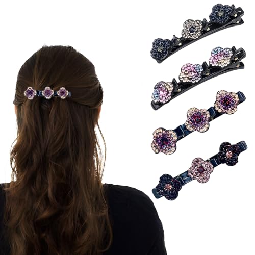 4 Stück Haarspangen Damen, Doppelschicht Haarspange mit Funkelnden Kristallsteinen, Elegante Kolibri Haarspange Haarschmuck, Vintage Vierblättrige Kleeblatt Haarklammer von LIURFLNC