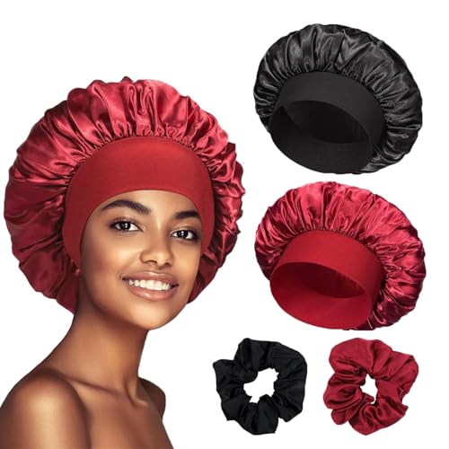 4 Stück Seidenhaube Zum Schlafen Set, 2 Stück Satin Haarhaube mit 2 Stück Satin Haargummis, Silk Bonnet, Weiche Und Bequeme Sleep Cap Seidenhaube für Damen und Mädchen(Schwarz, Rot) von LIURFLNC