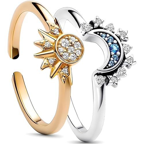 LIURFLNC 2 Stück Freundschaftsringe, Ring Set, Verstellbar Offene Sonne Mond Ring Schmuck, Stapelbare Gold Silber Sonne Und Der Mond Dupes Ringe Set für Paare Promise Matching von LIURFLNC