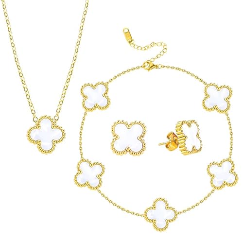 LIURFLNC Vierblättriges Kleeblatt Schmuck, Kleeblatt Schmuck Set, Kleeblatt Armband Kleeblatt Kette Kleeblatt Ohrringe, Jewelry Geschenk für Geburtstag Muttertag Valentinstag(Golden) von LIURFLNC