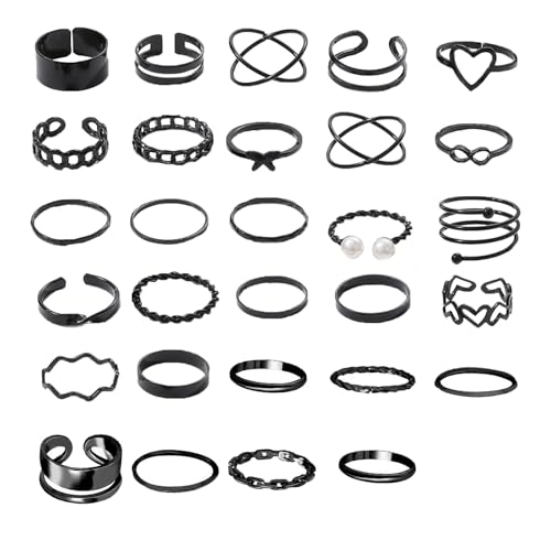 LIUYIDM 29 Stück Vintage Silber Punk Ringe Set Schwarz für Männer Frauen Offene Knuckle Ring Stapelbare Gothic Rings Set Fingerringe Boho,Damen Set Finger Midi Ring Set für von LIUYIDM