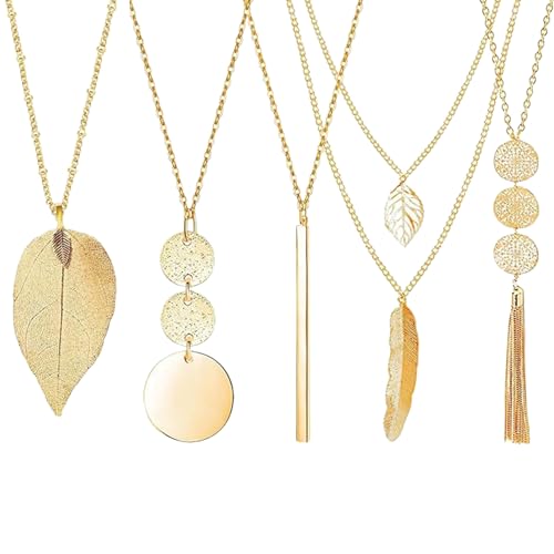 LIUYIDM 5 Stück Modeschmuck Kette,Kette Lang,Lange Ketten,Lange Pullover Halsketten,Feder Kreis Blatt Schloss Quaste Y-Halskette Schmuck-Set,Lange Kette Gold,Modeschmuck Set von LIUYIDM