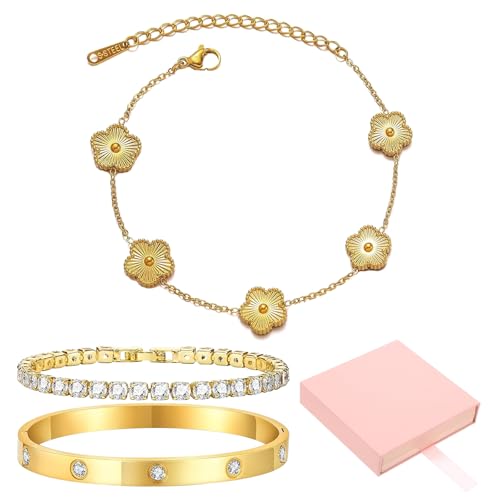 LIUYIDM Kleeblatt Armband 3 Stück Goldener Fünfblättriger Kleeblattschmuck Armbänder Gold Elegante Accessoires Armband, Glückssymbolgeschenke für Den Alltag, Geburtstage, Hochzeiten Weiße (Mit Box) von LIUYIDM