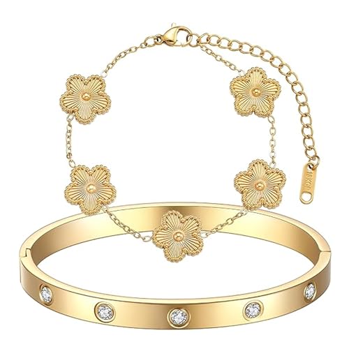 LIUYIDM Kleeblatt Armband Goldener Fünfblättriger Kleeblattschmuck Armbänder Gold Elegante Accessoires Gold Armband, Glückssymbolgeschenke für Den Alltag, Geburtstage, Hochzeiten (Laser Gold) von LIUYIDM