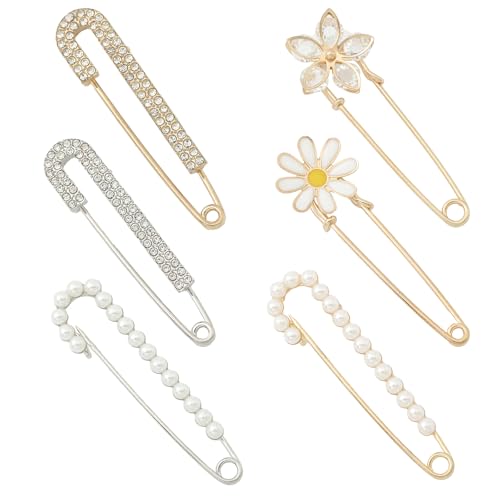 LIUYIDM Perle Brosche 6 Stück Kristall Shawl Clips Faux Sicher Perle Pins Exquisit Pin Necklace Schleppennadel Brautkleid, Geeignet für Frauen Mädchen Kleidung Dekoration Accessoires Schmuck von LIUYIDM