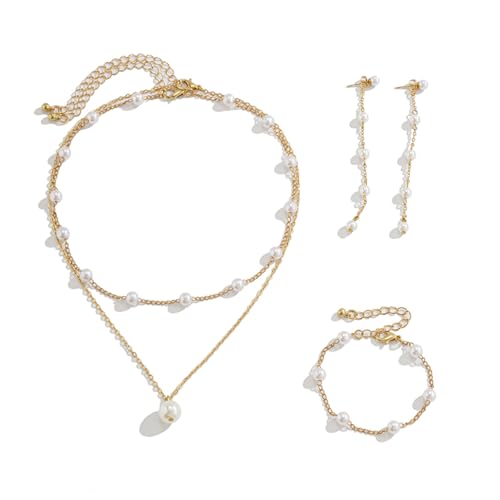 LIUYIDM Perlenkette Damen set SüßWasserperlen Kette Doppellagige Perlenkette mit PerlenanhäNger Perlenohrringe,Geeignet für Hochzeitsgeburtstagsfeier Geschenke (Schlüsselbeinkette) von LIUYIDM