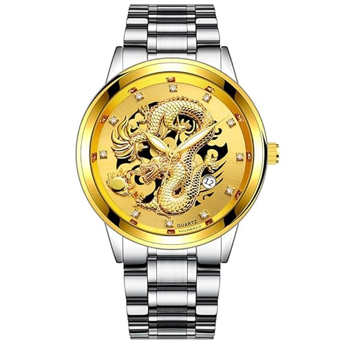 LIUYUEN Drachenuhr mit Stahlgürtel, eingebetteter leuchtender Kalender mit Diamantprägung, Quarzuhr, nicht mechanische Uhr, Silberner Gürtel, silberfarbenes Gehäuse, goldene Oberfläche, Armband von LIUYUEN