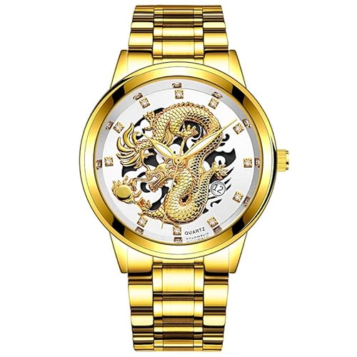 LIUYUEN Herren Stahlgürtel Drache Uhr Relief Diamant Verkrustet Leuchtender Kalender Quarzuhr Nicht-Mechanische Uhr, Goldgürtel, goldfarbene Muschel, weiße Oberfläche von LIUYUEN
