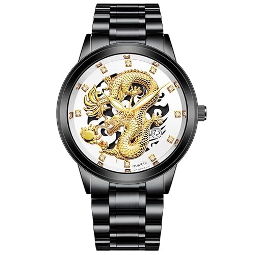 LIUYUEN Herren Stahlgürtel Drache Uhr Relief Diamant Verkrustet Leuchtender Kalender Quarzuhr Nicht-Mechanische Uhr, Schwarzer Gürtel, schwarzes Gehäuse, weiße Oberfläche. von LIUYUEN