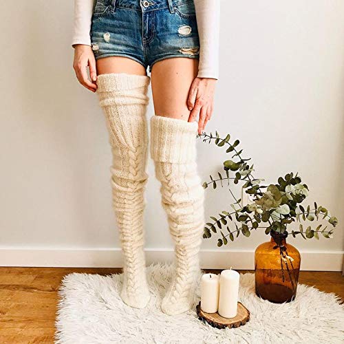 LIUYUNN Warme Socken Für Damen,Winter Sexy Gestrickte Lange Socken Lange Strümpfe Warmer Oberschenkel Hohe Socken Für Damen Mädchen Hanf Gestreifte Kniestrümpfe, Beige,One Size von LIUYUNN