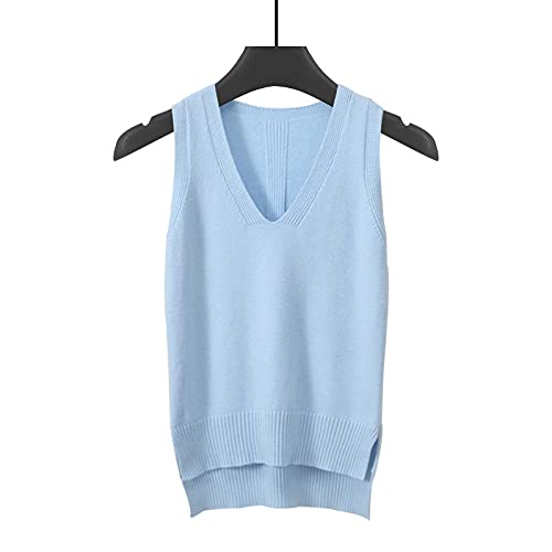 Damen Strickweste,Frauen Strickpullover Weste Mode Casual Einfarbig Spleißen V-Ausschnitt Herbst Winter Lose Ärmellose Pullover Gilets Pullover Stricken Tank Top Cami Weste Bluse,Hellblau,L von LIUYUYOUGO