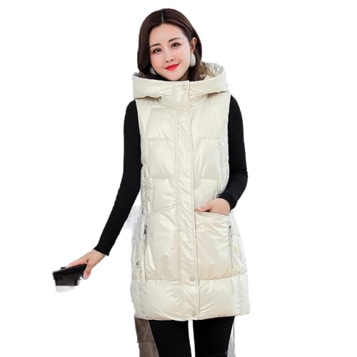 Daunenweste Damen,Lange Steppweste Damen Lange Weste Mit Kapuze, Lange Weste Glänzend Trendy Ärmellose Elegante Weste Lässige Weste Wattierter Wintermantel Für Damen Mädchen Outdoor-Büro,Beige,3XL von LIUYUYOUGO