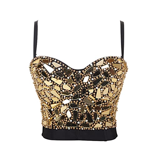 Korsett Damen,Frauen Sexy Korsetts Luxus Glänzende Pailletten Perlen Goldener Sommer Schlanke Spaghettiträger Bustier Korsett Top Push Up Crop Tops Bh Camis Rückenfreie Weste Für Clubwear Party,Xl von LIUYUYOUGO