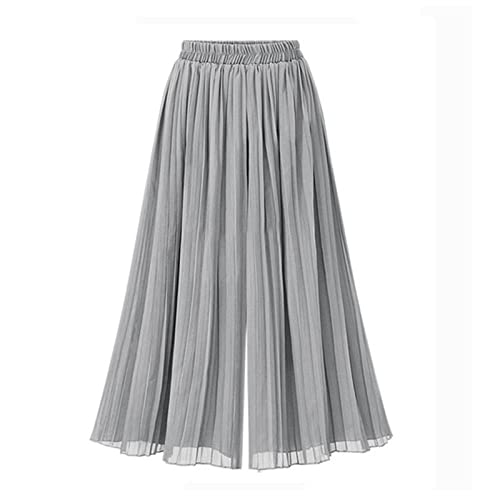 LIROMA Hosen Damen, Damen-Chiffon-Hose Mit Weitem Bein Einfarbig Plissiert Elastisch Hohe Taille Palazzo-Hose Sommer Locker Geschnittene Hose Gerade Beinhose Fließende Culottes-Hose,Hellgrau,S von LIUYUYOUGO