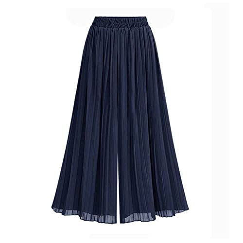 LIROMA Stoffhose Damen, Chiffon-Hose Mit Weitem Bein Einfarbig Plissiert Elastisch Hohe Taille Palazzo-Hose Locker Geschnittene Hose Gerade Beinhose Fließende Culottes-Hose,Marinebla, Navy Blue von LIUYUYOUGO