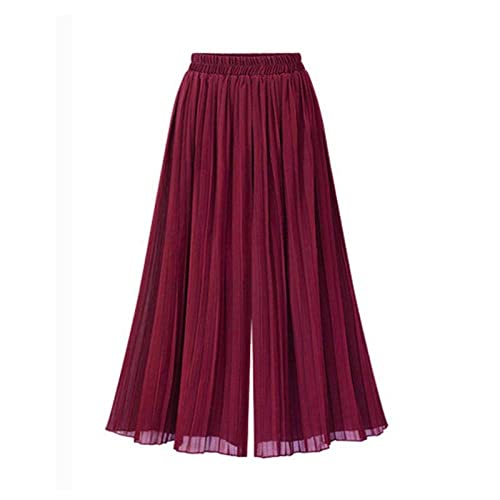 LIUYUYOUGO Stoffhose Damen, Damen-Chiffon-Hose Mit Weitem Bein Einfarbig Plissiert Elastisch Hohe Taille Palazzo-Hose Locker Geschnittene Hose Gerade Beinhose Fließende Culottes-Hose, Burgundy Red von LIUYUYOUGO