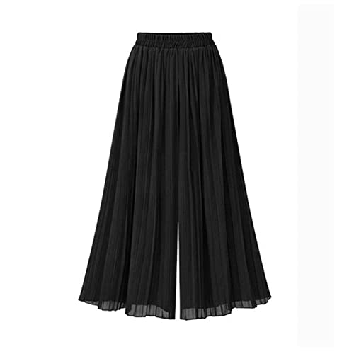 LIUYUYOUGO Stoffhose Damen, Damen-Chiffon-Hose Mit Weitem Bein Einfarbig Plissiert Elastisch Hoher Taille Palazzo-Hose Locker Geschnittene Hose Gerade Beinhose Fließende Culottes-Hose Schw, Schwarz von LIUYUYOUGO