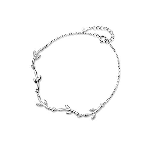 LIUYUYOUGO 925 Sterlingsilber Armkette,925 Sterling Silber Shiny Micro Pave Zirkon Zweig Knospen Blatt Charme Dünne Rolo Kette Mode Süße Armreif Einstellbare BFF Lucky Ankle Slider Armband Für M von LIUYUYOUGO