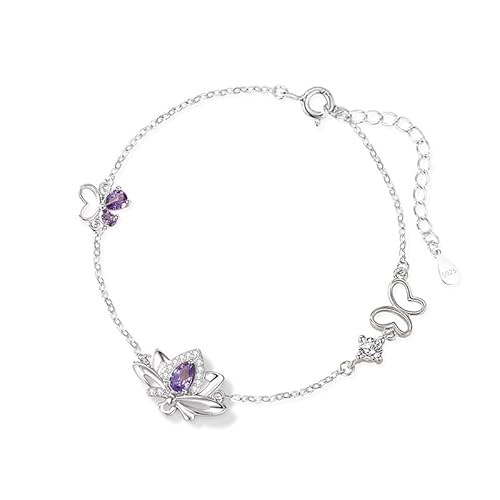 LIUYUYOUGO 925 Sterlingsilber Armkette Halskette Und Armband Set Aus 925Er Sterlingsilber Für Damen Schmucksets Mit Schmetterlings Lotusblumen Anhänger Und Lila Zirkonia Manschettenarmreif Geburts von LIUYUYOUGO
