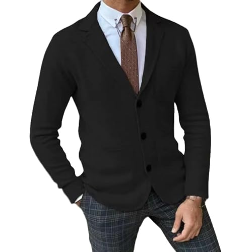 LIUYUYOUGO Anzug Herren,Herren Blazer Smart Casual Slim Fit Strickblazer Eleganter Einreihiger Cardigan Strickjacke Einfarbig Langarm Sportmantel Business Anzugjacken Oberteile Mit Taschen Schwarz X von LIUYUYOUGO