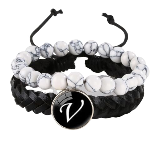 LIUYUYOUGO Armbänder Für Damen 2 Stück Herren Lederarmband Mit Initialen Naturstein Weiß Türkis Perlenarmbänder Damenbuchstaben Az Charm Armreif Doppellagig Geflochten Manschette Armband Schmu von LIUYUYOUGO