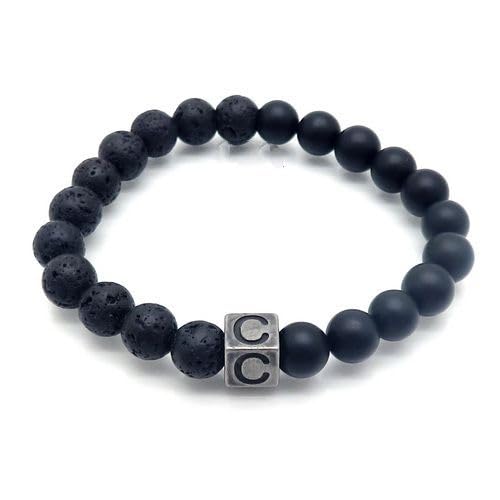 LIUYUYOUGO Armbänder Für Damen Armband Aus Naturstein Mit Schwarzen Lava Achat Kristallperlen Buchstaben Az 8 Mm Stretch Perlen Initialen Armbänder Quadratischer Charm Armreif Punk Antik Schmuck von LIUYUYOUGO