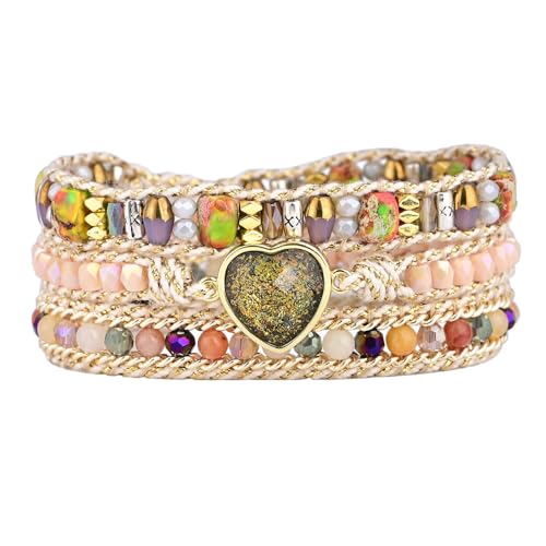 LIUYUYOUGO Armbänder Für Damen Boho Handgefertigte Wickelarmbänder Aus Naturstein Für Frauen Funkelndes Herz Opal Kristallperlen Armband Mehrlagiges Leder Freundschaftsarmband Gewebt Luxuriöser von LIUYUYOUGO