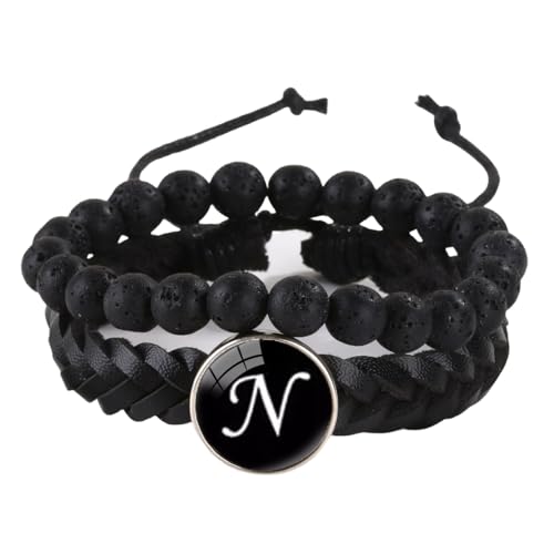 LIUYUYOUGO Armbänder Für Damen Herren Lederarmband Mit Initialen 2 Stück Naturstein Schwarze Lavakristall Perlenarmbänder Damenbuchstaben Az Charm Armreif Doppellagig Geflochtene Manschette Armb von LIUYUYOUGO