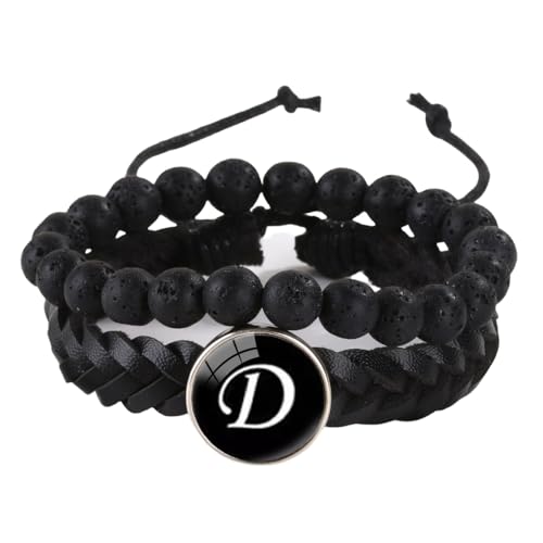 LIUYUYOUGO Armbänder Für Damen Herren Lederarmband Mit Initialen 2 Stück Naturstein Schwarze Lavakristall Perlenarmbänder Damenbuchstaben Az Charm Armreif Doppellagig Geflochtene Manschette Armb von LIUYUYOUGO