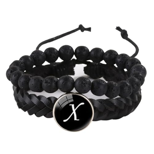 LIUYUYOUGO Armbänder Für Damen Herren Lederarmband Mit Initialen 2 Stück Naturstein Schwarze Lavakristall Perlenarmbänder Damenbuchstaben Az Charm Armreif Doppellagig Geflochtene Manschette Armb von LIUYUYOUGO