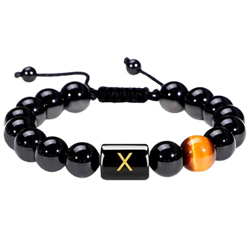 LIUYUYOUGO Armbänder Für Damen Initialen Perlenarmbänder Für Frauen Und Männer Buchstabe A Paar Perlenarmband Naturstein Tigerauge Schwarzer Obsidian Kristall Handgefertigt Geflochtener Armreif von LIUYUYOUGO