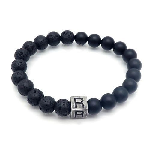 LIUYUYOUGO Armbänder Für Damen Naturstein Schwarzer Lava Achat Kristall Perlenarmband Buchstaben Az 8Mm Stretch Perlen Initialen Armbänder Distressed Square Charm Armreif Punk Antik Schmuck Für von LIUYUYOUGO