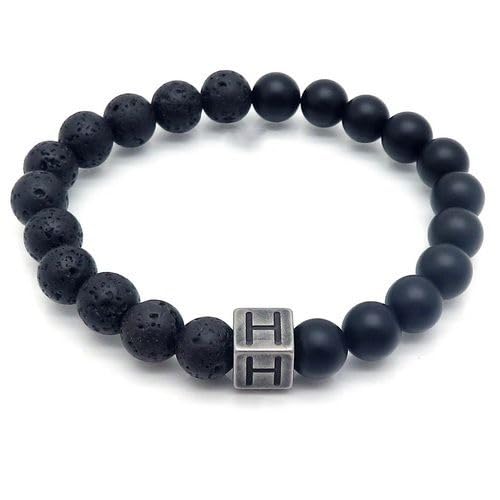 LIUYUYOUGO Armbänder Für Damen Naturstein Schwarzer Lava Achat Kristall Perlenarmband Buchstaben Az 8Mm Stretch Perlen Initialen Armbänder Distressed Square Charm Armreif Punk Antik Schmuck Für von LIUYUYOUGO