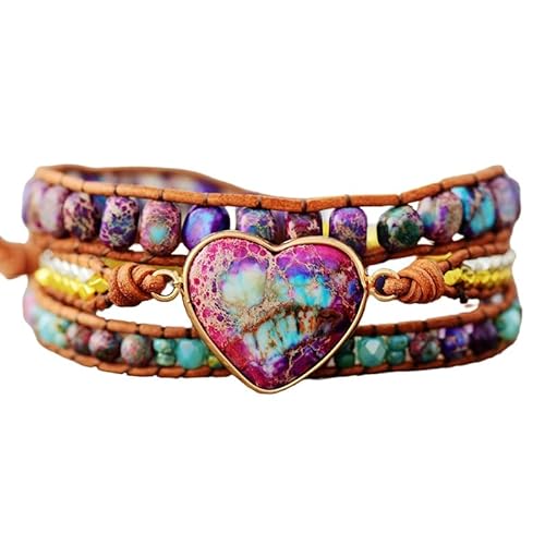 LIUYUYOUGO Armbänder Für Damen Naturstein Wickelarmband Für Damen Boho Herzanhänger Kristallperlenarmbänder Handgefertigt Geflochtenes Leder Stapelbare Manschettenarmreifen Mit Verschluss Ethni von LIUYUYOUGO