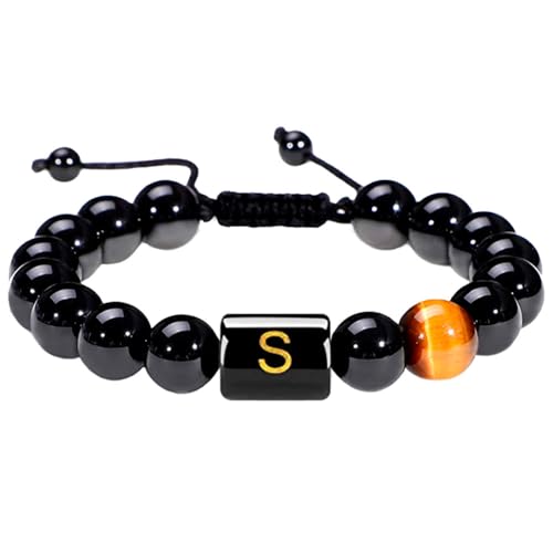 LIUYUYOUGO Armbänder Für Damen Perlenarmbänder Mit Initialen Für Damen Und Herren Buchstaben A–Z Paar Perlenarmband Naturstein Tigerauge Schwarzer Obsidian Kristall Handgefertigt Geflochtener A von LIUYUYOUGO