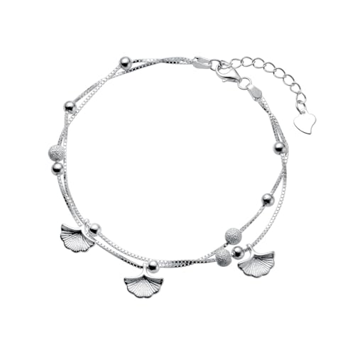 LIUYUYOUGO Armband Aus Sterlingsilber Sterling Silber Armband Für Frauen Mattierte Kugelperlen Ginkgo Blatt Charm Armbänder Verstellbar 925Er Sterling Silber Armreif Zierliche Box Kette Armbänder von LIUYUYOUGO