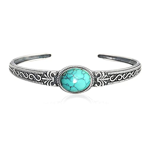 LIUYUYOUGO Armband Aus Sterlingsilber Versilbertes Armband Für Frauen Oval Türkis Inlay Armbänder Armreif Distressed Geschnitzte Filigrane Manschetten Armreifen Verstellbare Offene Armbänder Boh von LIUYUYOUGO