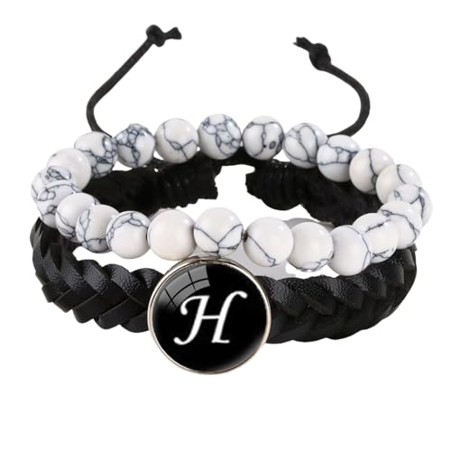 LIUYUYOUGO Armband Damen 2 Stück Herren Lederarmband Mit Initialen Naturstein Weiß Türkis Perlenarmbänder Damenbuchstaben Az Charm Armreif Doppellagig Geflochtene Manschette Armband Schmuck Buch von LIUYUYOUGO