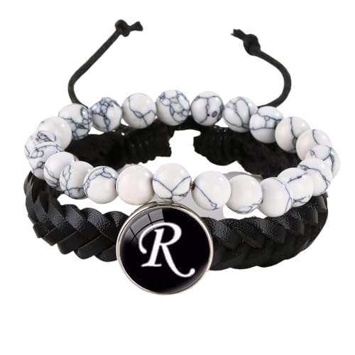 LIUYUYOUGO Armband Damen 2 Stück Herren Lederarmband Mit Initialen Naturstein Weiß Türkis Perlenarmbänder Damenbuchstaben Az Charm Armreif Doppellagig Geflochtene Manschette Armband Schmuck Buch von LIUYUYOUGO