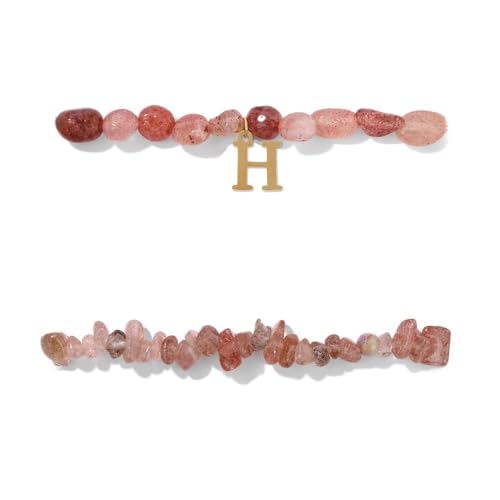 LIUYUYOUGO Armband Damen 2 Teiliges Erdbeer Kristall Armband Für Frauen Unregelmäßiges Kristall Chip Armband Set Mit Initialen A Z Buchstaben Charm Perlen Stretch Armreif Modischer Edelstein Schm von LIUYUYOUGO